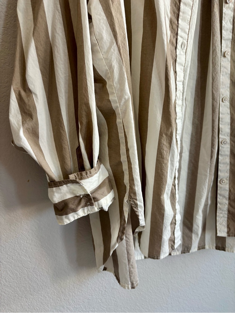 Aerie Oversized Ivory and Beige Vertical Stripe Button-Down Shirt - Picture 3 of 6